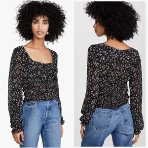 Free People Lolita Floral Sheer Smocked Poet Sleeve Peasant Blouse